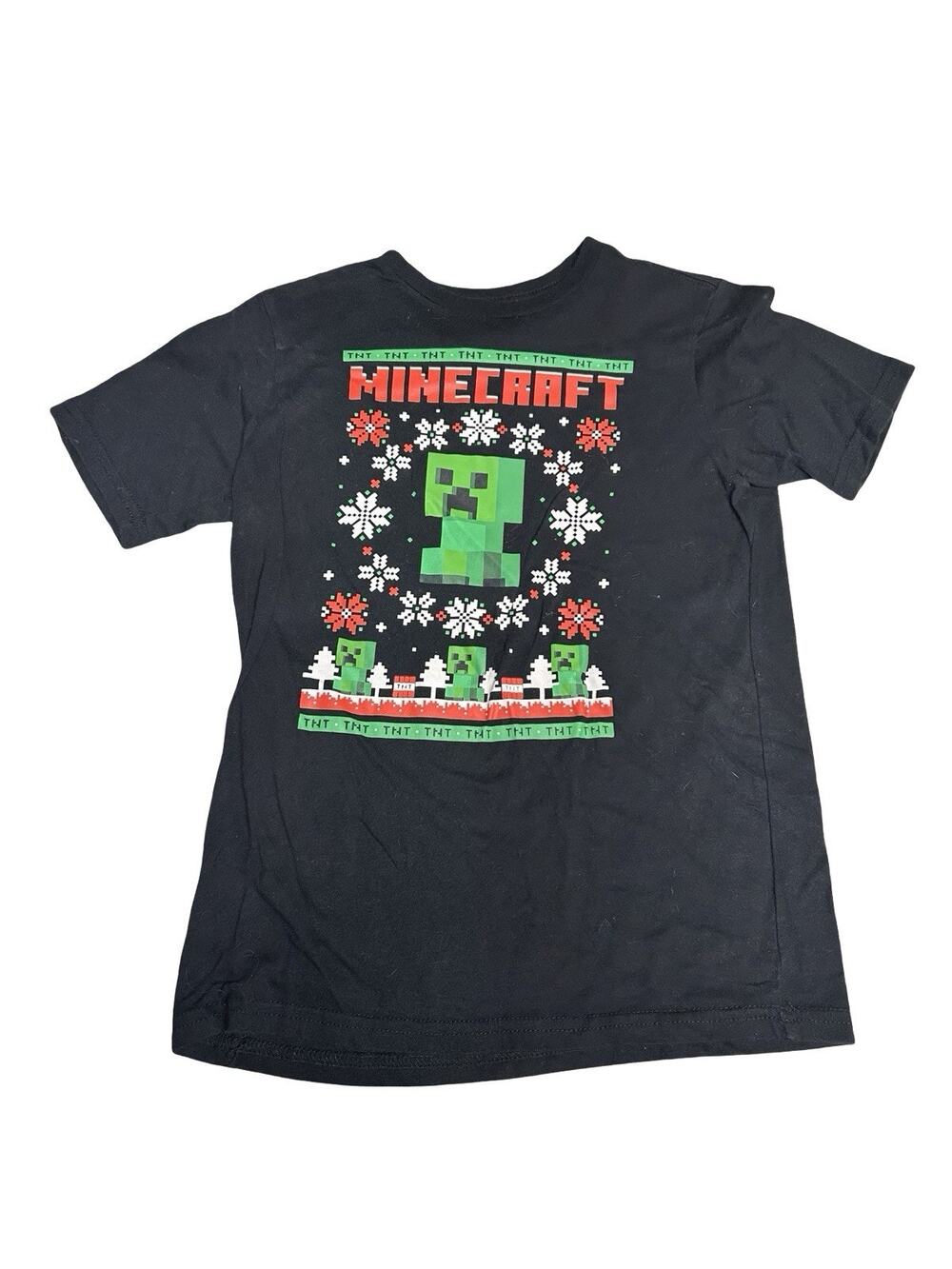Minecraft Creeper Christmas Graphic T-Shirt Kids Large 10-12 Black Holiday Tee